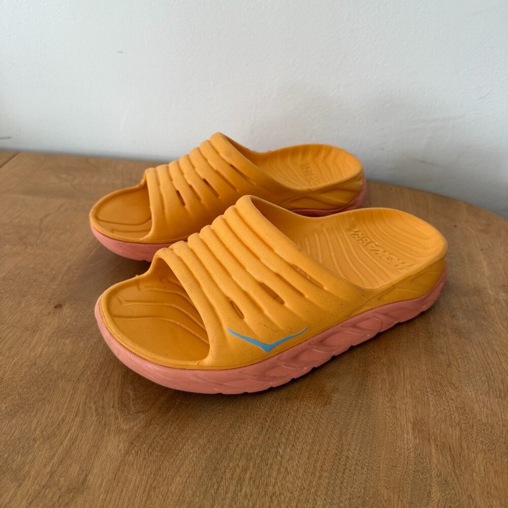 Hoka One One yellow ORA recovery slide sandal